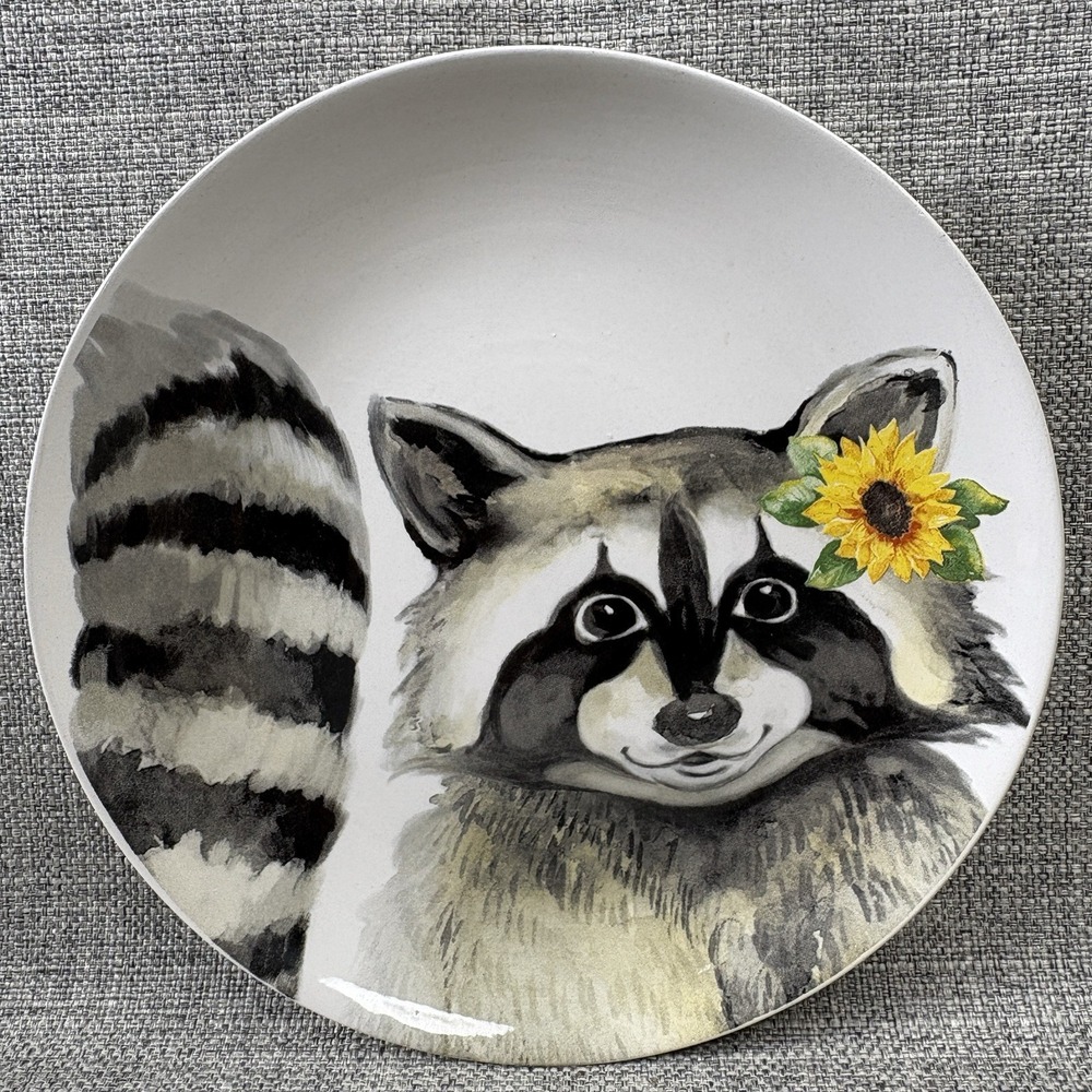 Robert Stanley Raccoon Sunflower Ceramic Salad Dessert Plate 8.25 Inch White